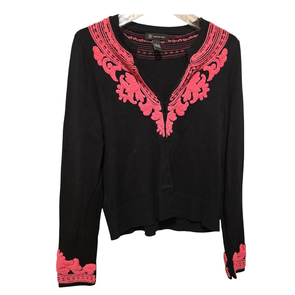 INC International Concepts Womens Large Black‎ Pink Embroidered V-Neck Sweater